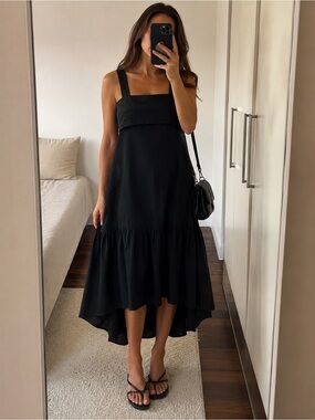 Theory Modern Minimalist Square Neck Sleeveless Drop Waist Midi Dress Black P